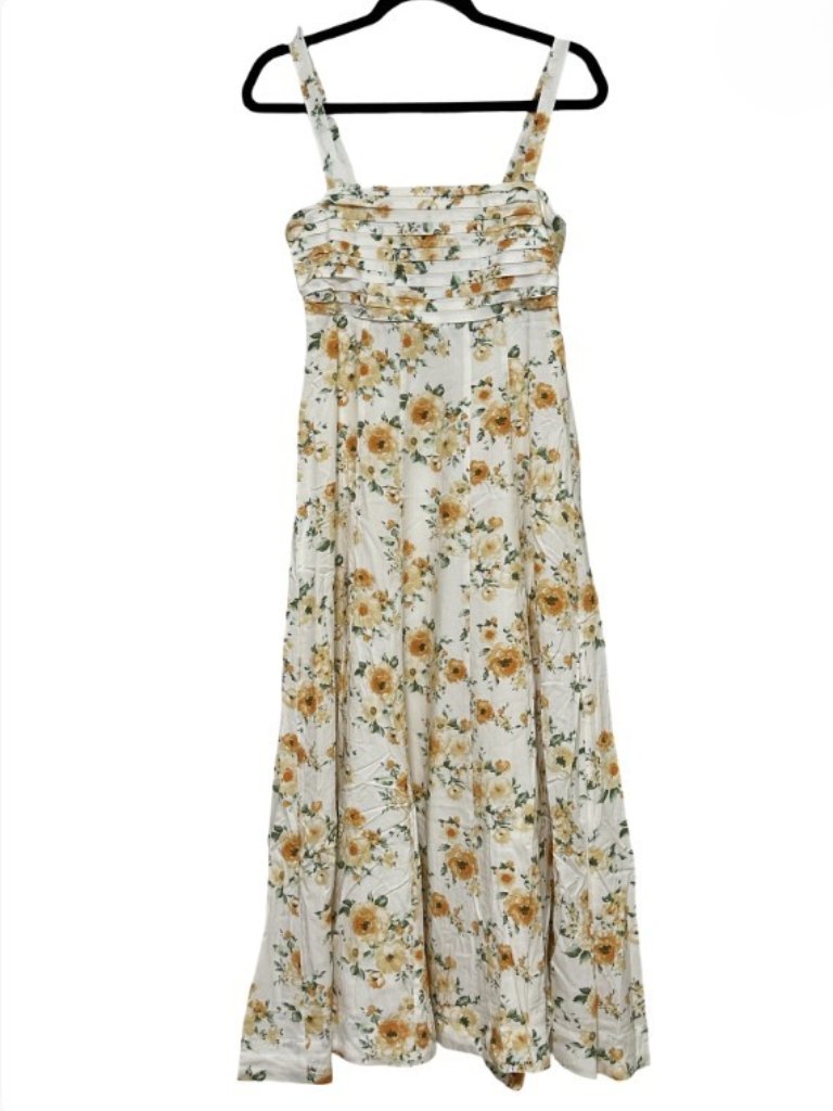 Hem & Thread Ivory Orange Floral Pleated Midi Dress L Nwt